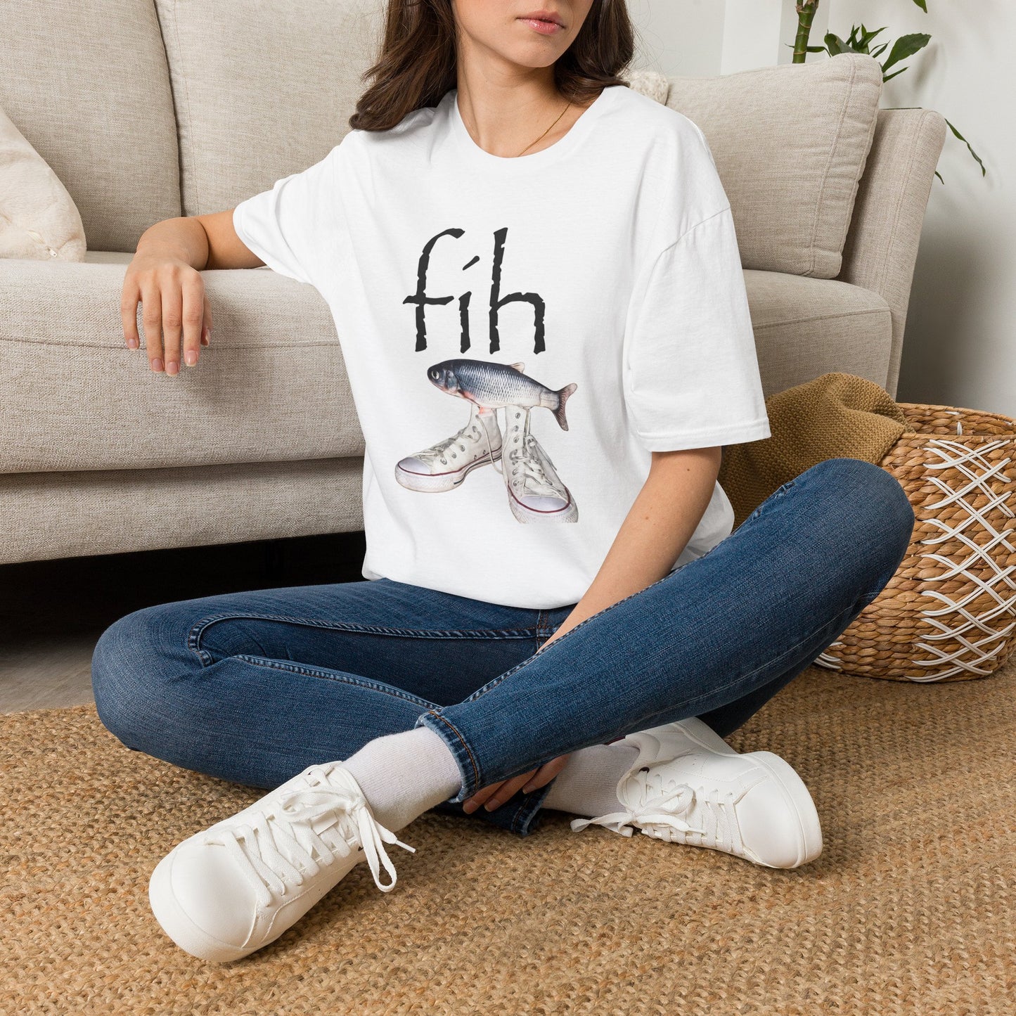 fish illustration T-Shirt | vintage script 'fih' design, realistic fish art