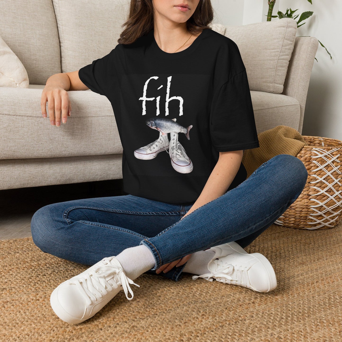 fish illustration T-Shirt | vintage script 'fih' design, realistic fish art